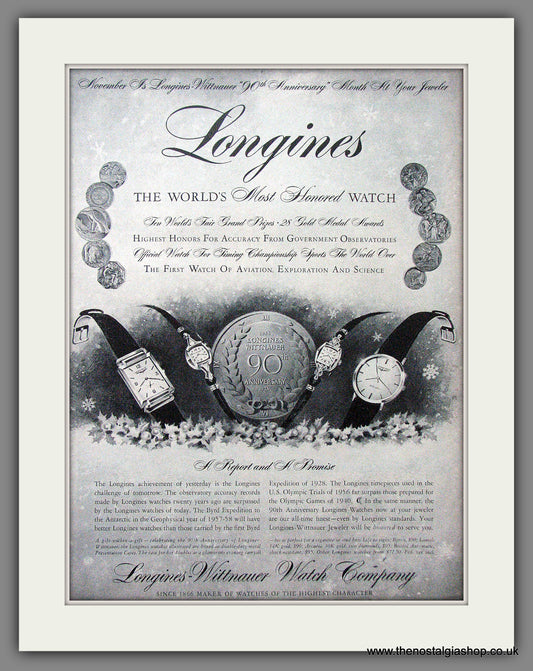 Longines Watches. 90th Anniversary.  Original Advert 1956 (ref AD11476)