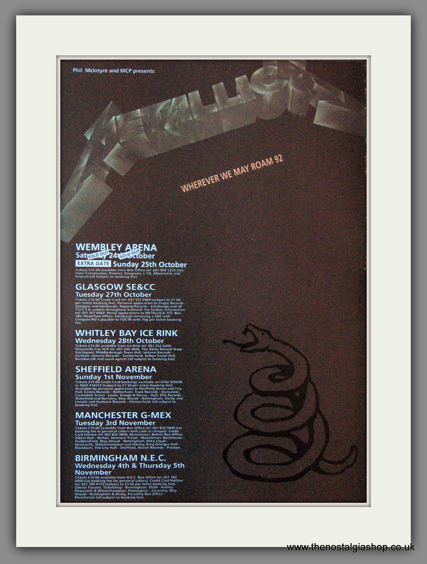 Metallica. Wherever We May Roam UK Tour 1992 Original Advert (ref AD53913)