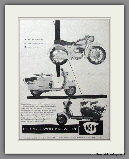 NSU Prima 150cc and 5-Star Scooter. Original advert 1958 (ref AD54030)