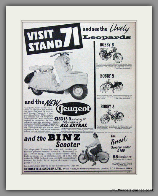 Peugeot & Binz Scooters. Original Advert 1956 (ref AD54238)