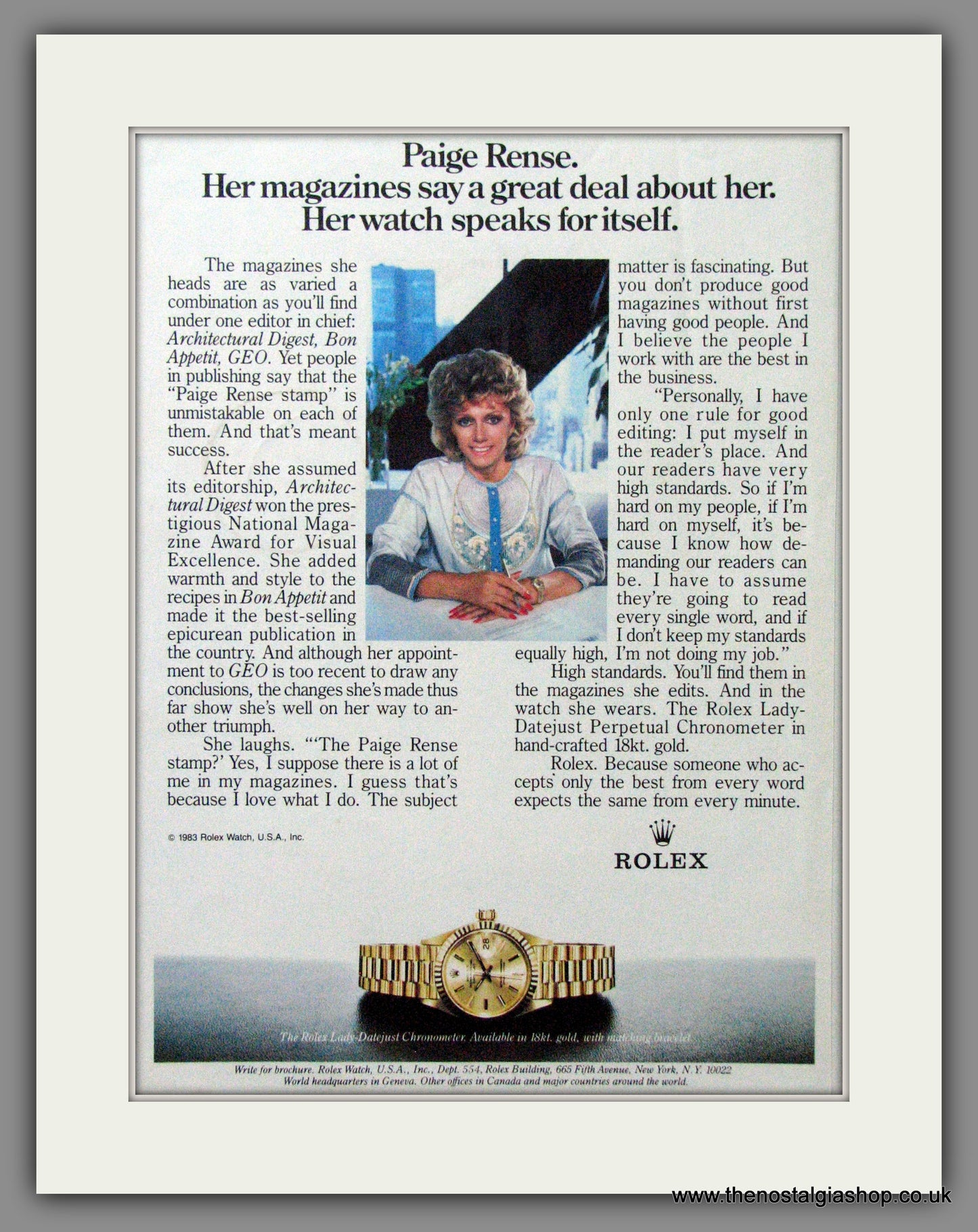 Rolex Lady-Datejust Chronometer. Paige Rense. Original Advert 1983 (ref AD54400)