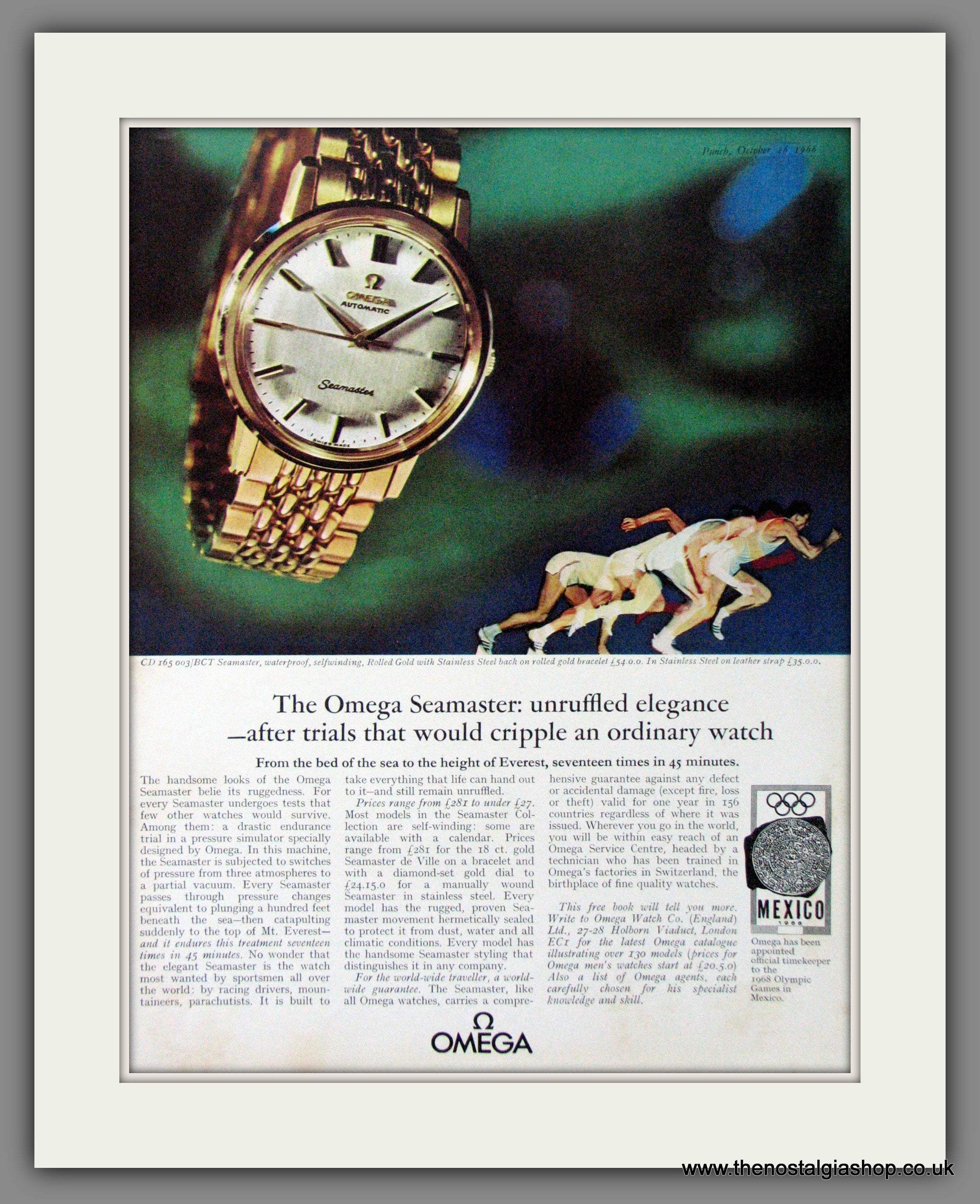 Omega Seamaster Watch. Mexico Olympics. Original Advert 1968 ref