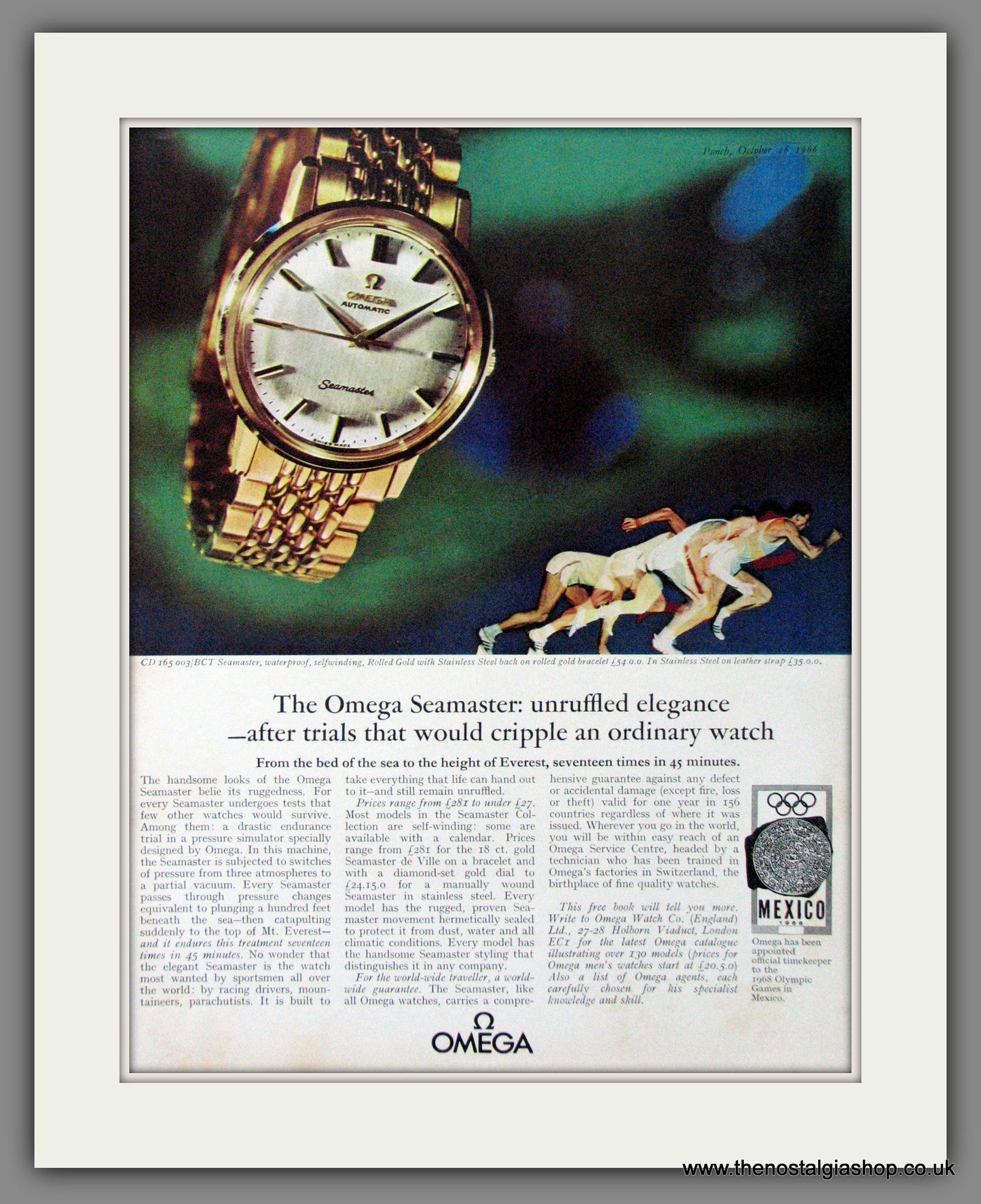 Omega Seamaster Watch. Mexico Olympics. Original Advert 1968 (ref AD54405)