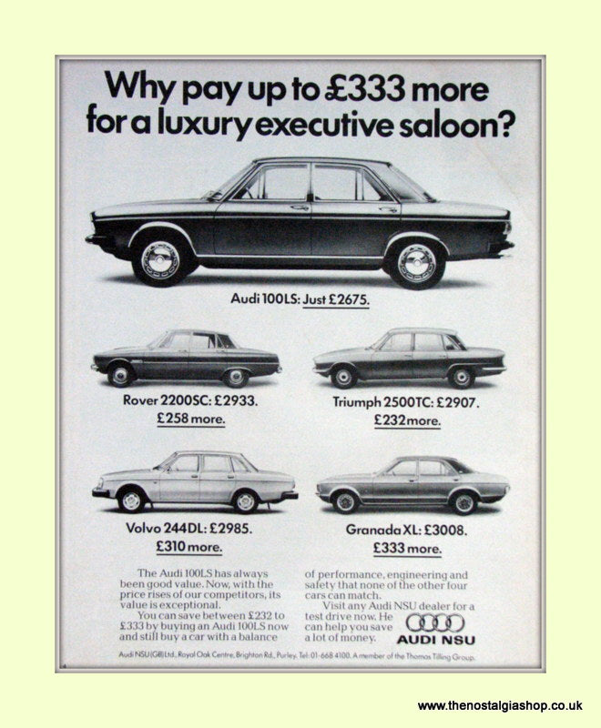 Audi 100 LS vs Competition.  Original Advert 1975 (ref AD6776)