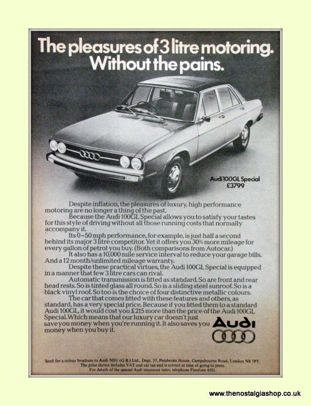 Audi 100GL Special Vintage Original Advert 1975 (ref AD6962)