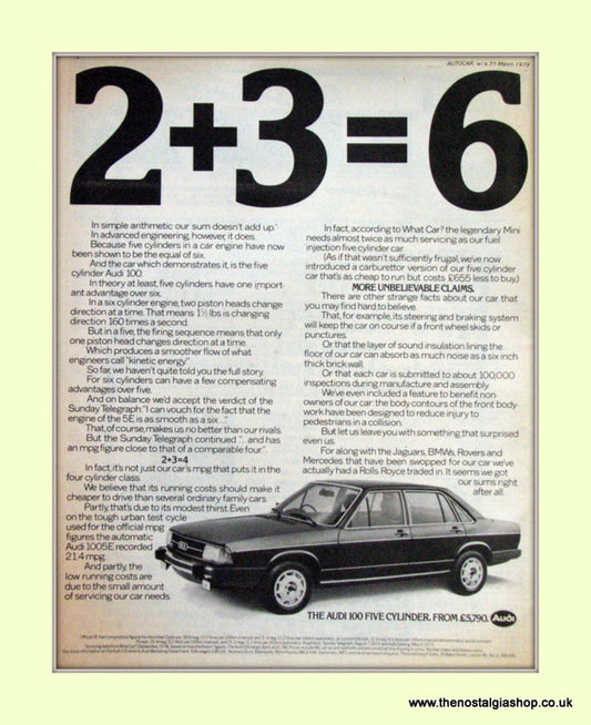 Audi 100 Five Cylinder Vintage Original Advert 1979 (ref AD6971)