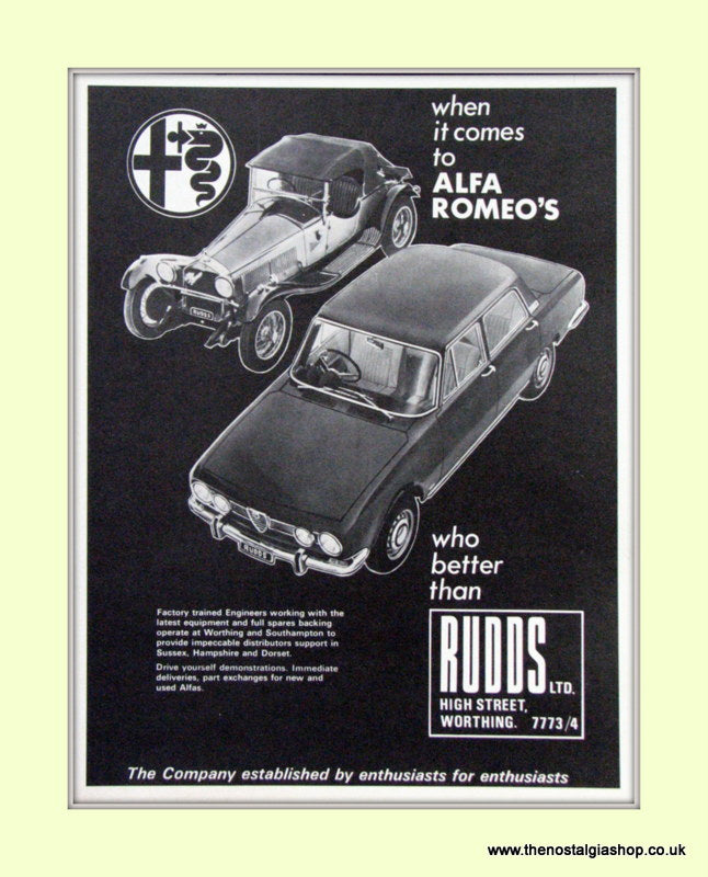 Alfa Romeo. Rudds Ltd of Worthing. Dealership Original Advert 1968 (ref AD50003)