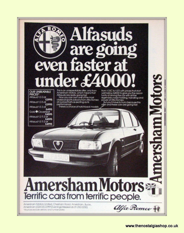 Alfa Romeo Alfasud 1.3 Ti. Amersham Motors. Set of 3 Dealership Original Adverts 1984 (ref AD50012)