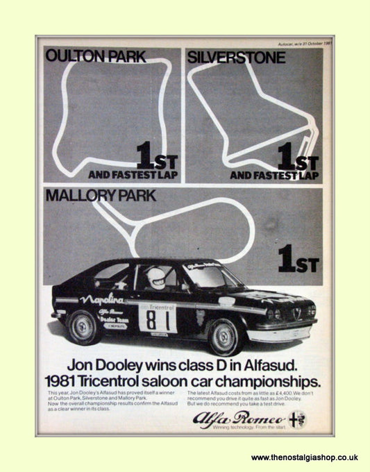 Alfa Romeo. Jon Dooley, Alfasud race winner. Original Advert 1981 (ref AD50088)