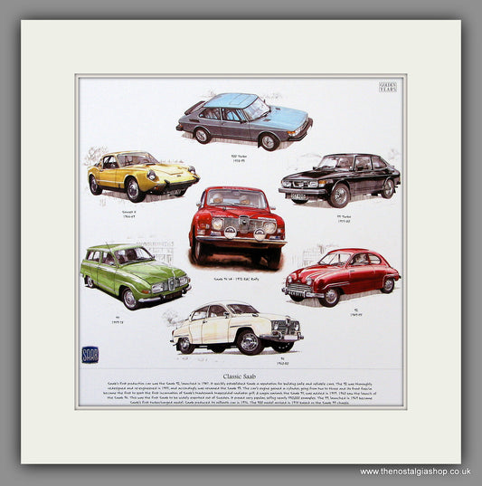 Saab Classic Cars. Mounted Print.