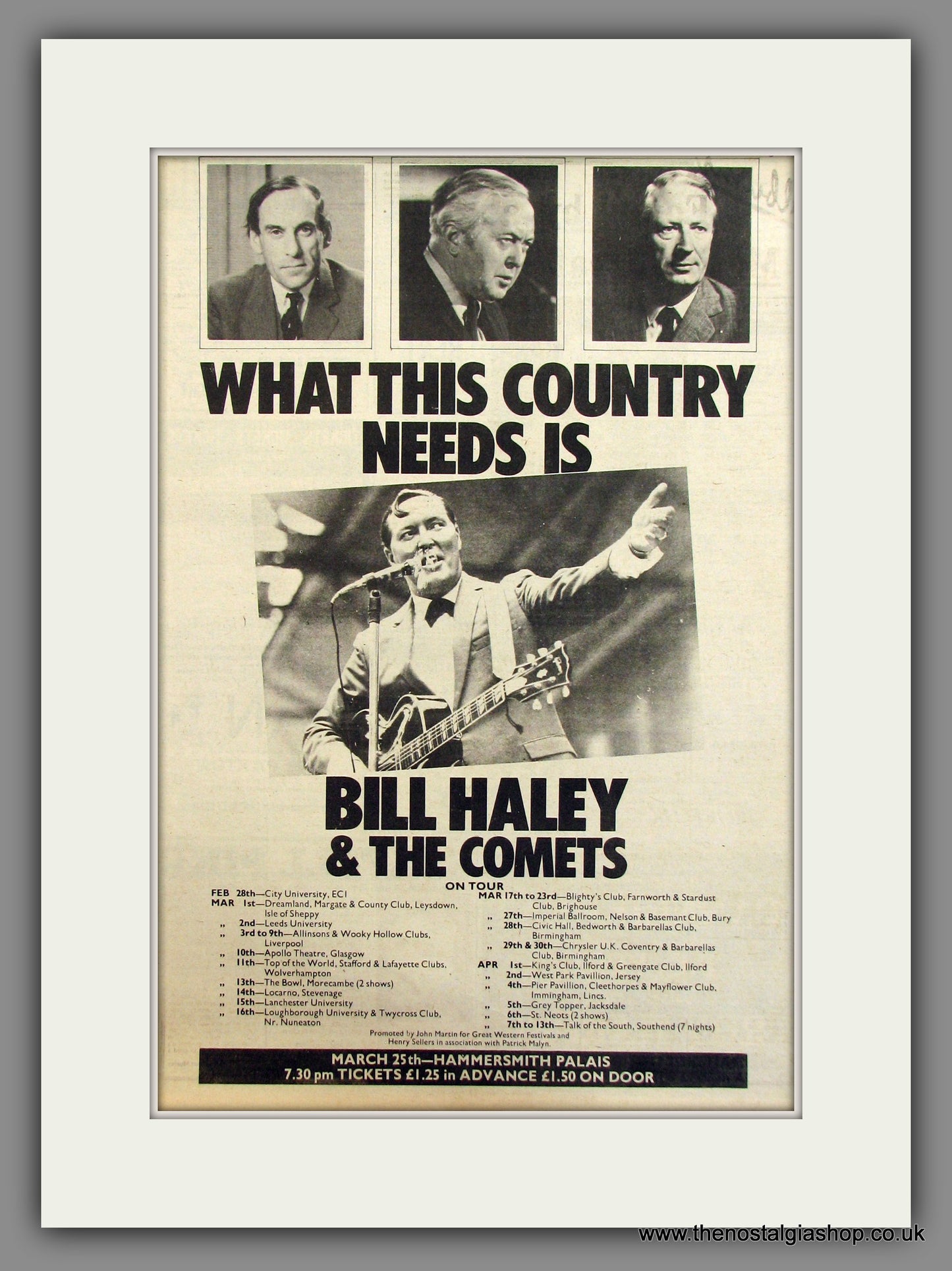 Bill Haley & The Comets. UK Tour. Original Advert 1974 (ref AD11692)