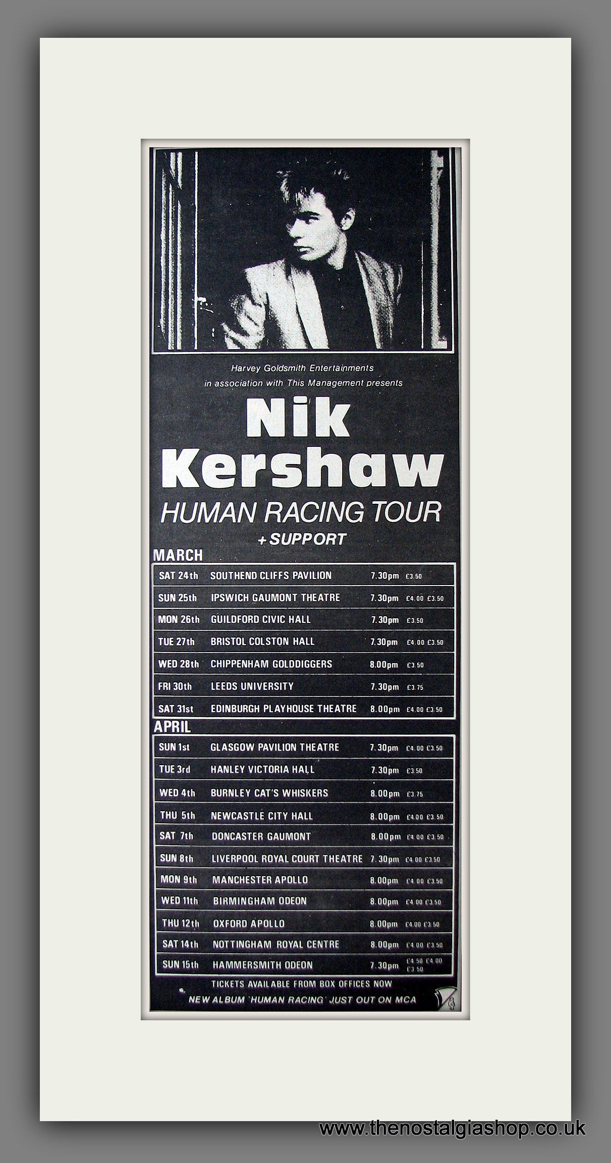 Nik Kershaw. Human Racing Tour. Original Advert 1984 (ref AD200025)