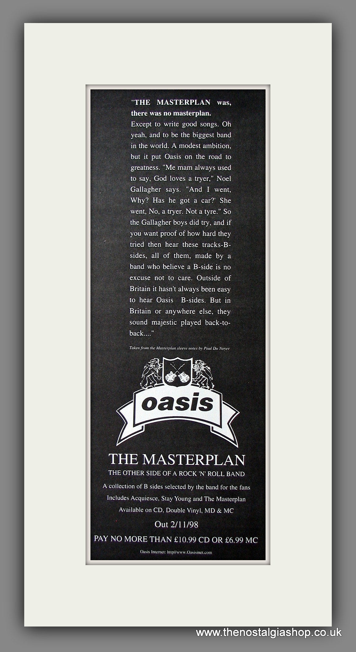 Oasis. The Masterplan. Original Advert 1998 (ref AD200053)