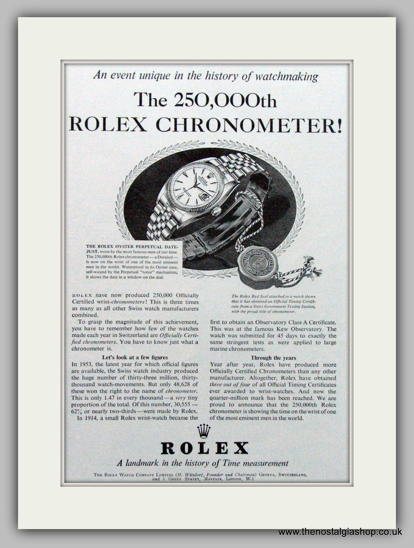 Rolex Chronometer Watch Original Advert 1956 (ref AD7003)