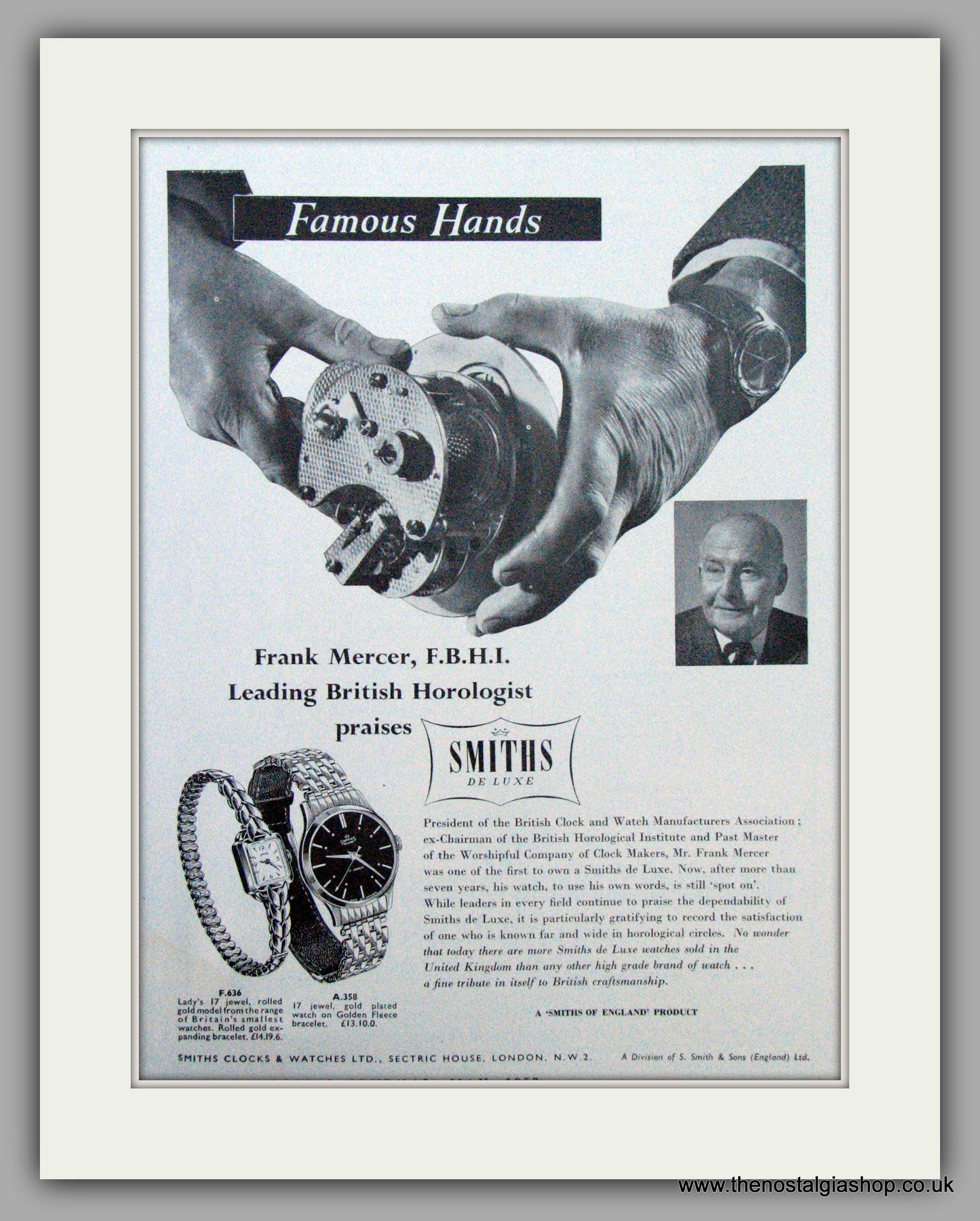 Smiths De Luxe Watches. Original Advert 1957 (ref AD7138)