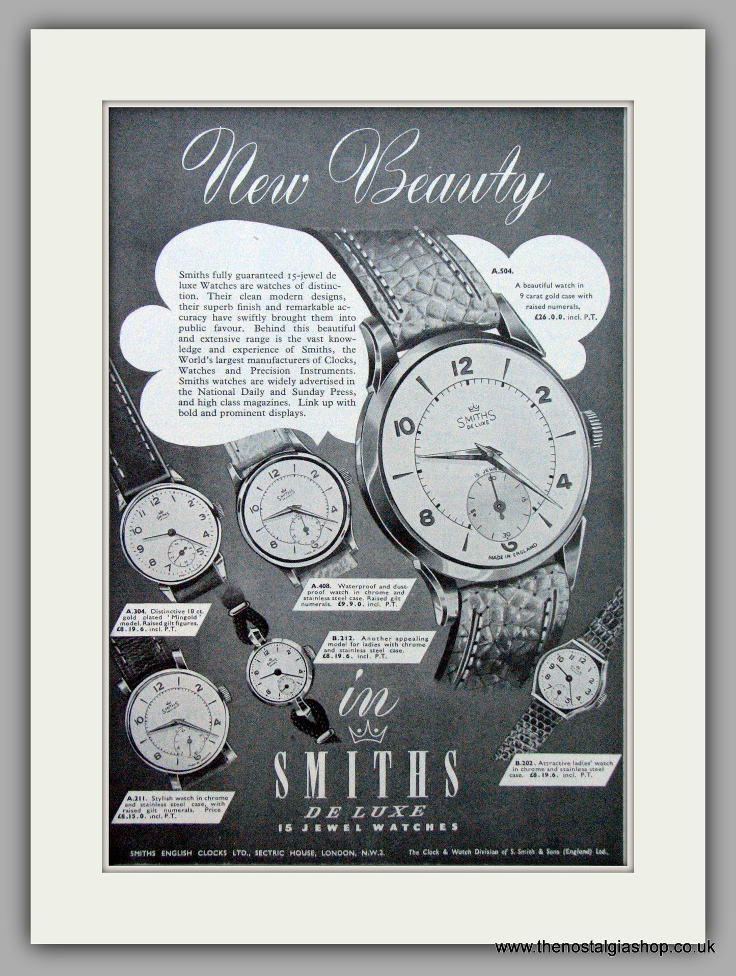 Smiths De Luxe Watches. Original Advert 1952 (ref AD7169)