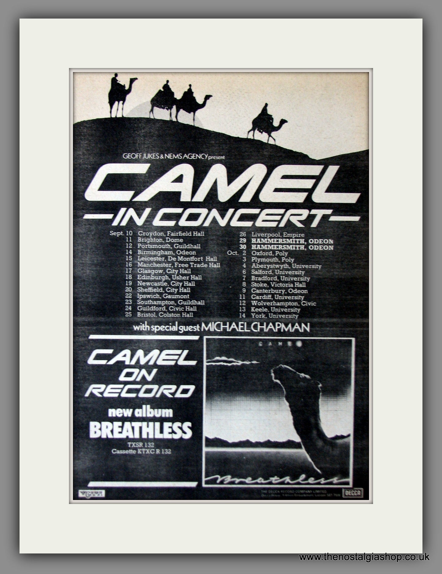 Camel In Concert, UK Tour. Original Advert 1978 (ref AD11870)