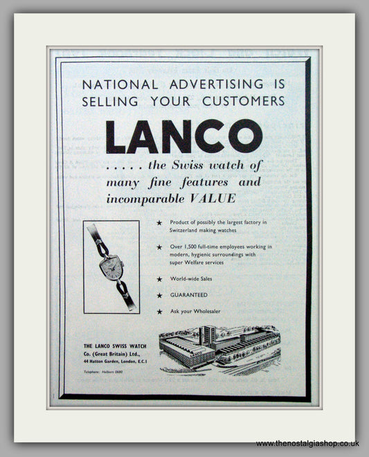 Lanco Swiss Watches.  Original Advert 1961.  (ref AD7326)