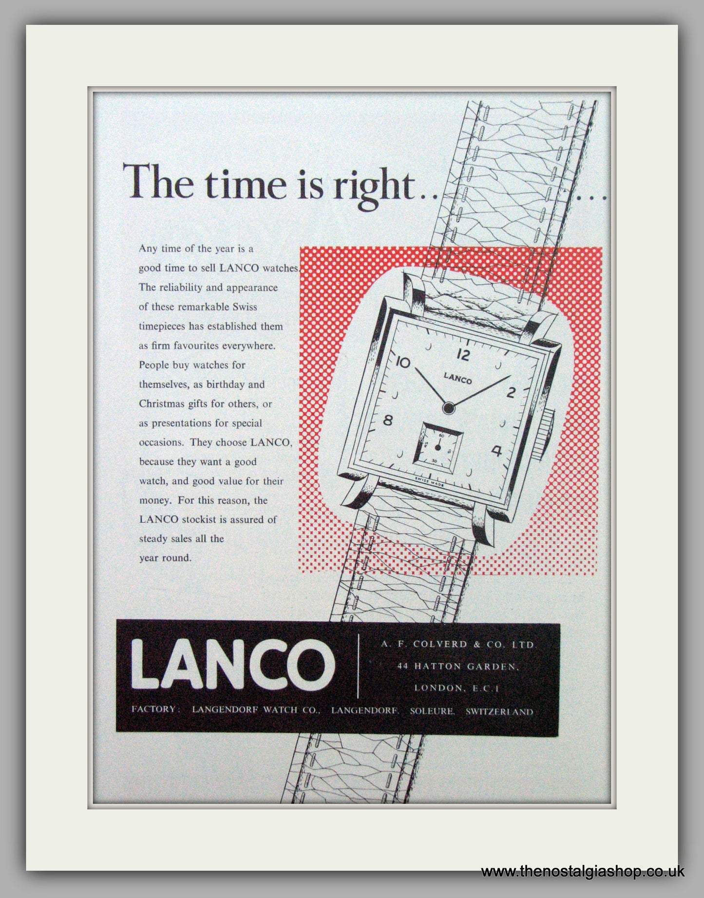 Lanco Swiss Watches.  Original Advert 1953.  (ref AD7328)