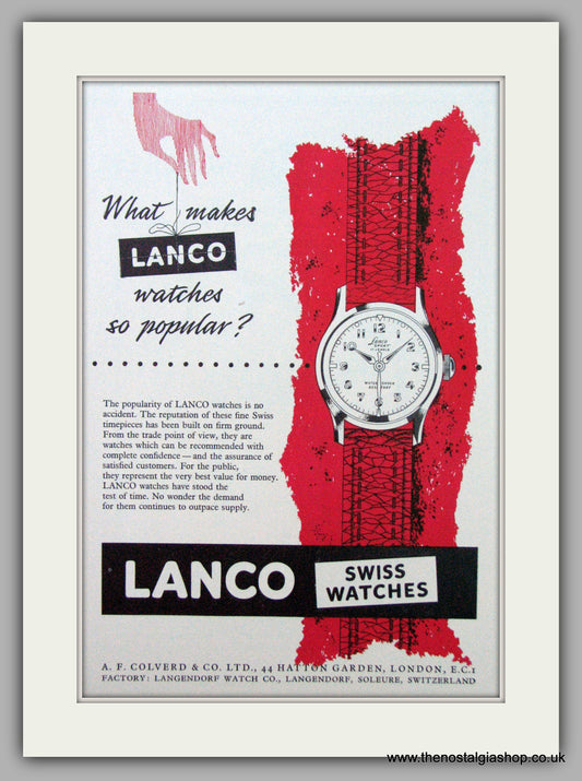 Lanco Swiss Watches.  Original Advert 1954.  (ref AD7329)