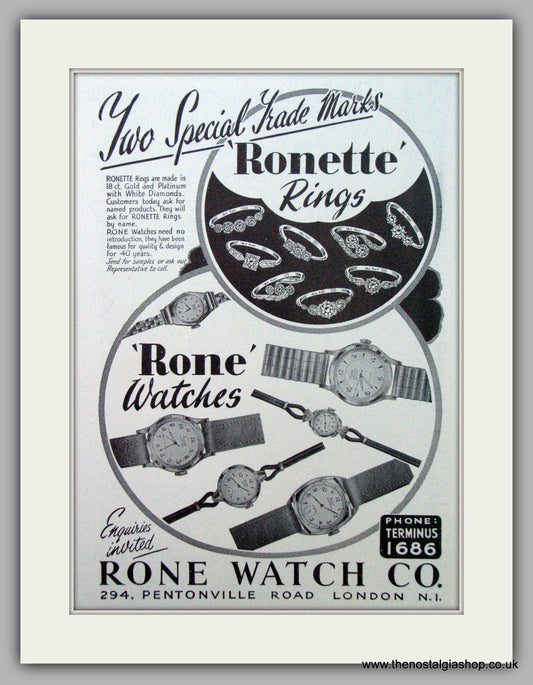 Rone Watches. Set Of 2 Original Adverts 1954/59.  (ref AD7393)