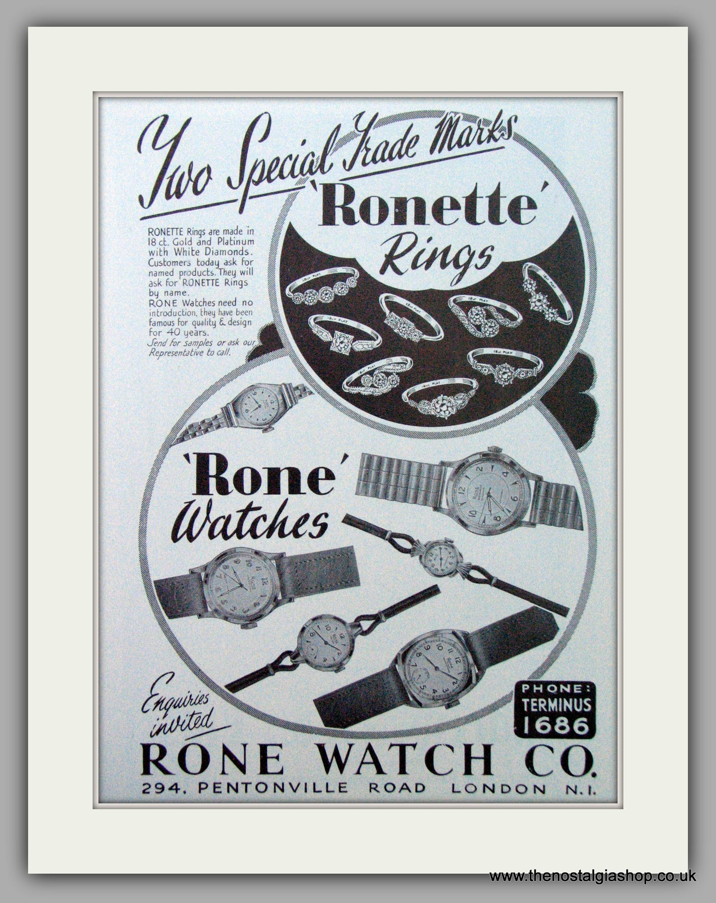 Rone Watches. Original Advert 1959.  (ref AD7395)