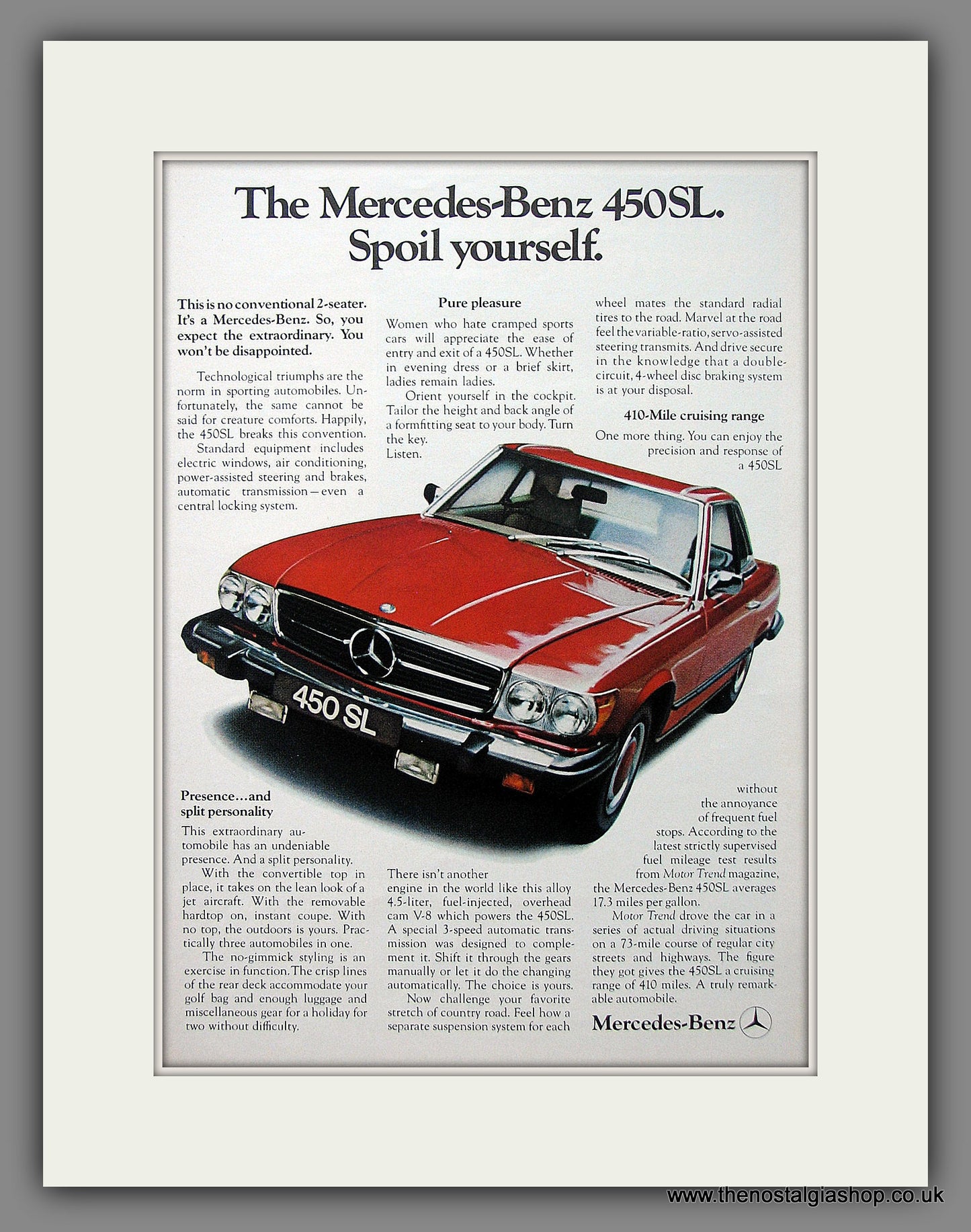 Mercedes Benz 450SL. Original American Advert 1974 (ref AD54683)