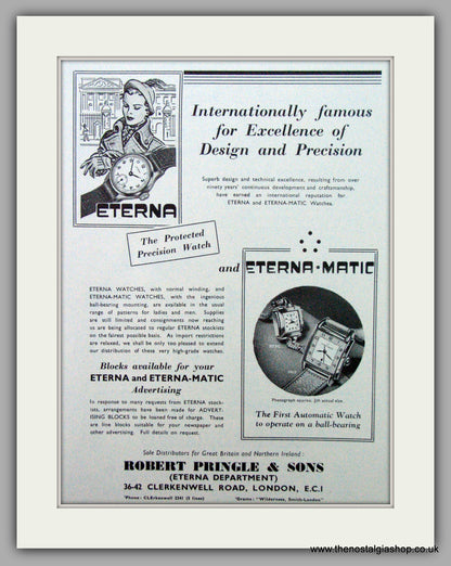 Eterna-Matic Watches. Set of 2  Original Adverts 1950/52.  (ref AD7429)