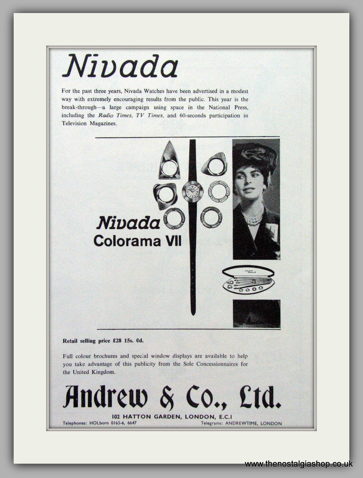 Nivada  Watches. Original Advert 1962.  (ref AD7599)