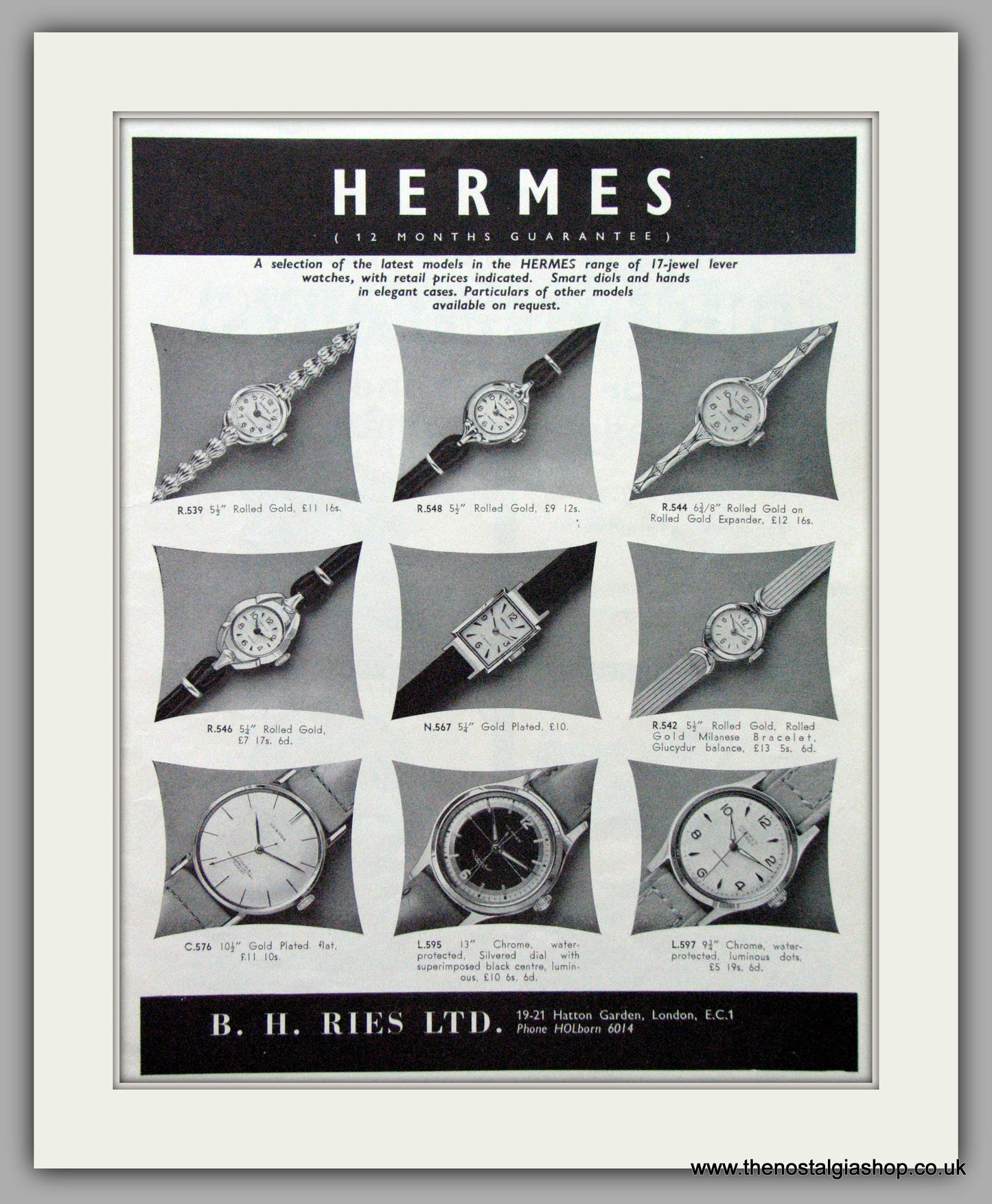 Hermes  Watches. Original Advert 1959.  (ref AD7603)