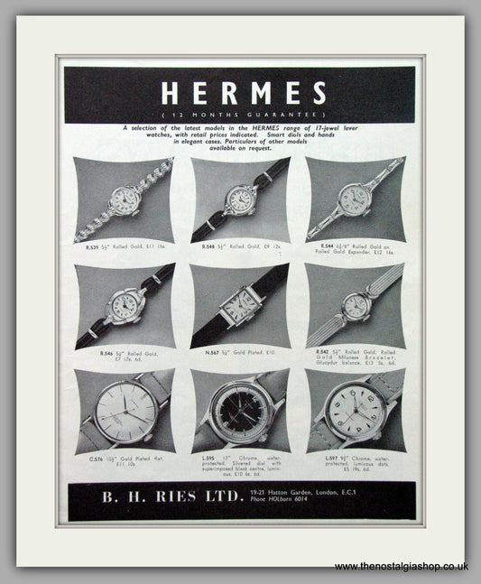 Hermes  Watches. Original Advert 1959.  (ref AD7603)