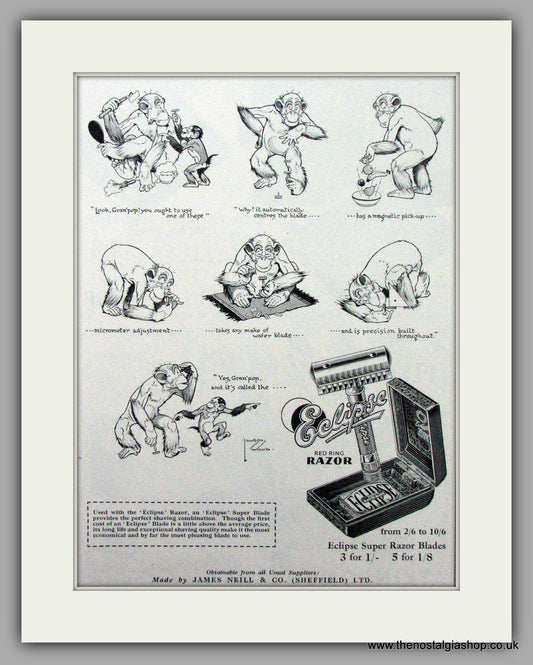 Eclipse Razor Blades. Monkeys. Original Advert 1939 (ref AD7451)