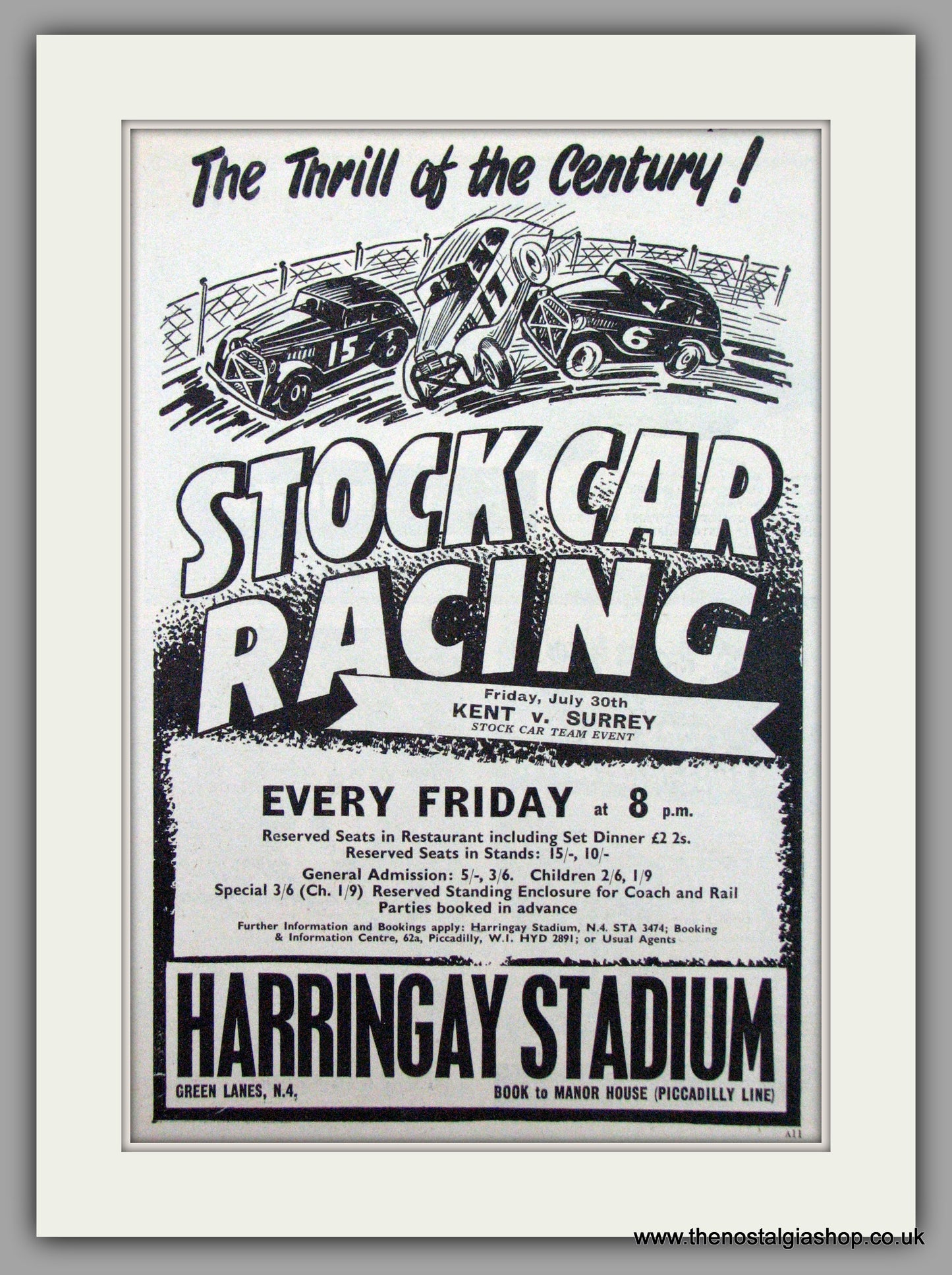 Harringay Stadium Stock Car Racing. Kent v Surrey. Original Advert 1954 (ref AD7465)