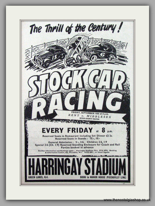 Harringay Stadium Stock Car Racing. Kent v Middlesex. Original Advert 1954 (ref AD7467)