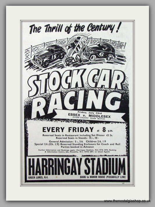 Harringay Stadium Stock Car Racing. Essex v Middlesex. Original Advert 1954 (ref AD7469)