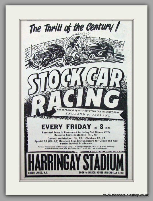 Harringay Stadium Stock Car Racing. England v Ireland. Original Advert 1954 (ref AD7470)