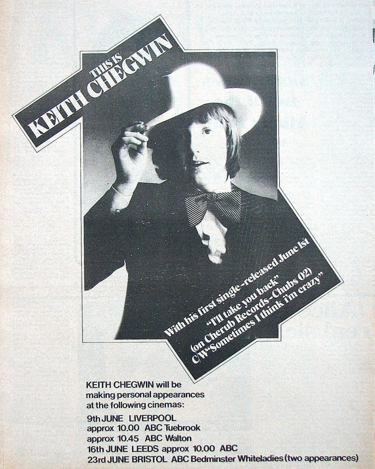 Keith Chegwin. I'll Take You Back.  Original Advert 1973 (ref AD11991)