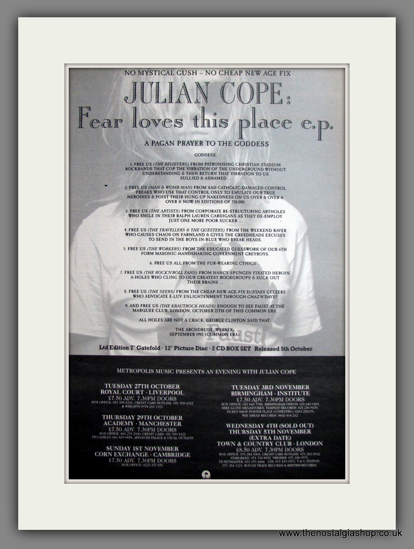 Julian Cope, Fear Loves This Place. Original Advert 1992 (ref AD12451)