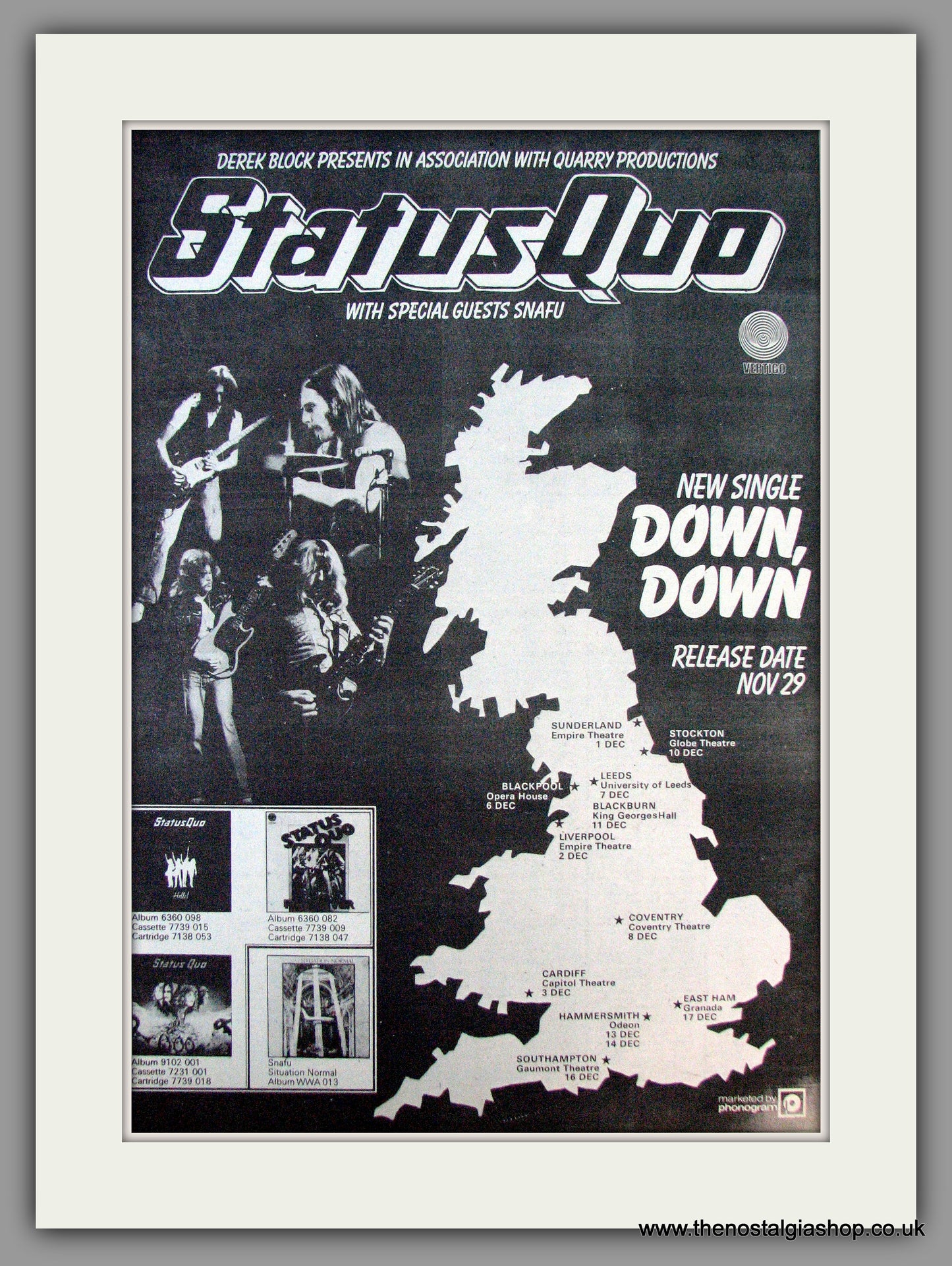 Status Quo. Down, Down. UK Tour Dates. Vintage Advert 1974 (ref AD9924)