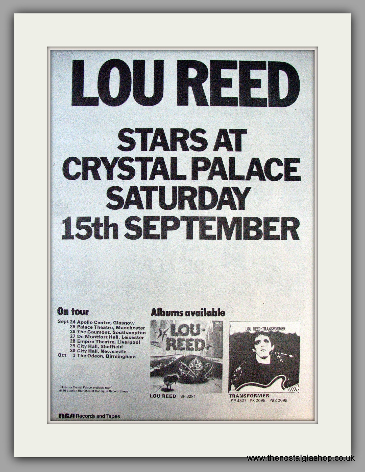 Lou Reed UK Tour Dates. Vintage Advert 1973 (ref AD9925)