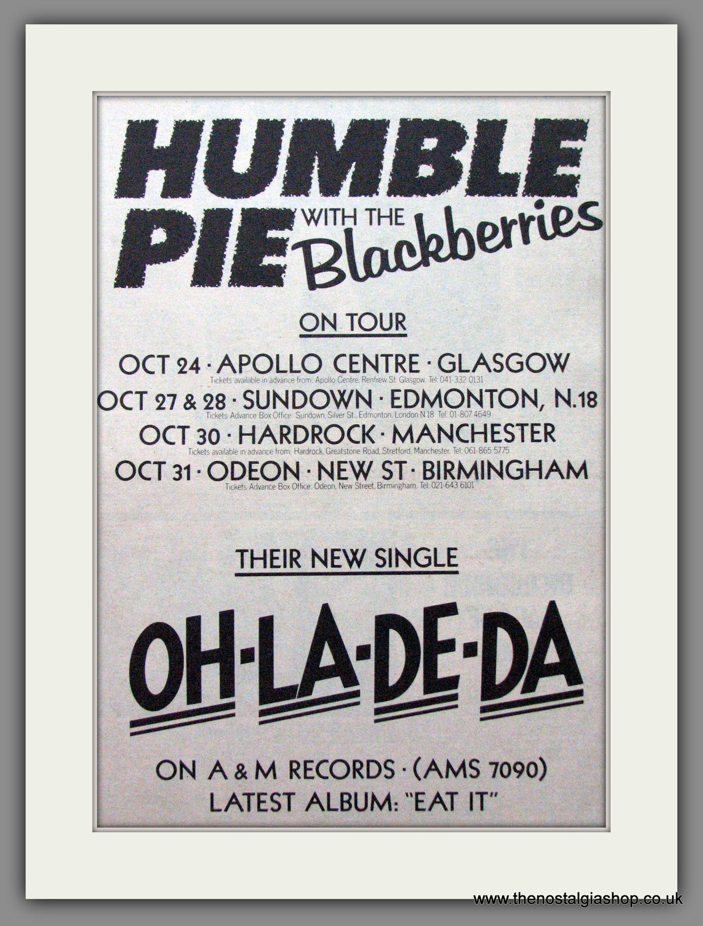 Humble Pie. UK Tour With the Blackberries. Original Advert 1973 (ref AD12192)