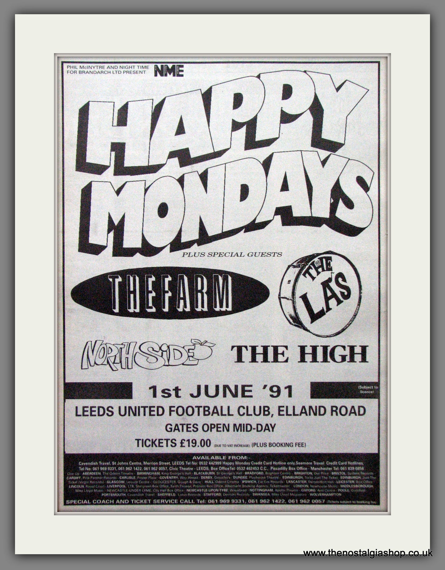 Happy Mondays. The Farm, The La's. Elland Road Concert. Original Advert 1991 (ref AD12201)