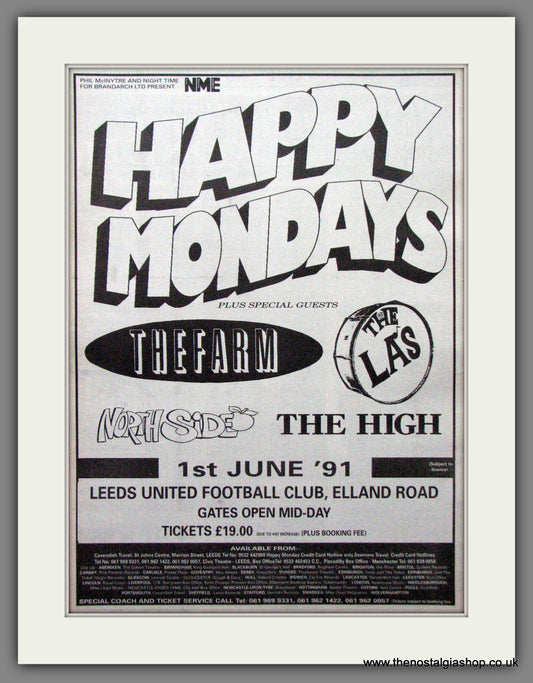 Happy Mondays. The Farm, The La's. Elland Road Concert. Original Advert 1991 (ref AD12201)