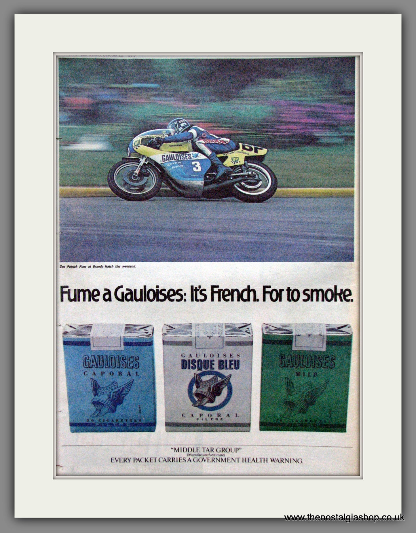 Gauloises Cigarettes Featuring Patrick Pons, Motorcycle Legend. Original Advert 1975 (ref AD12391)