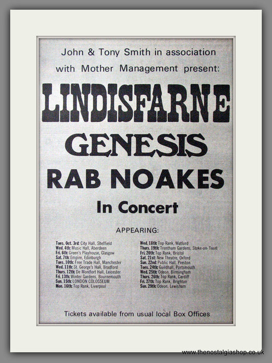 Lindisfarne , Genesis, Rab Noakes In Concert. Original Advert 1972 (ref AD12657)