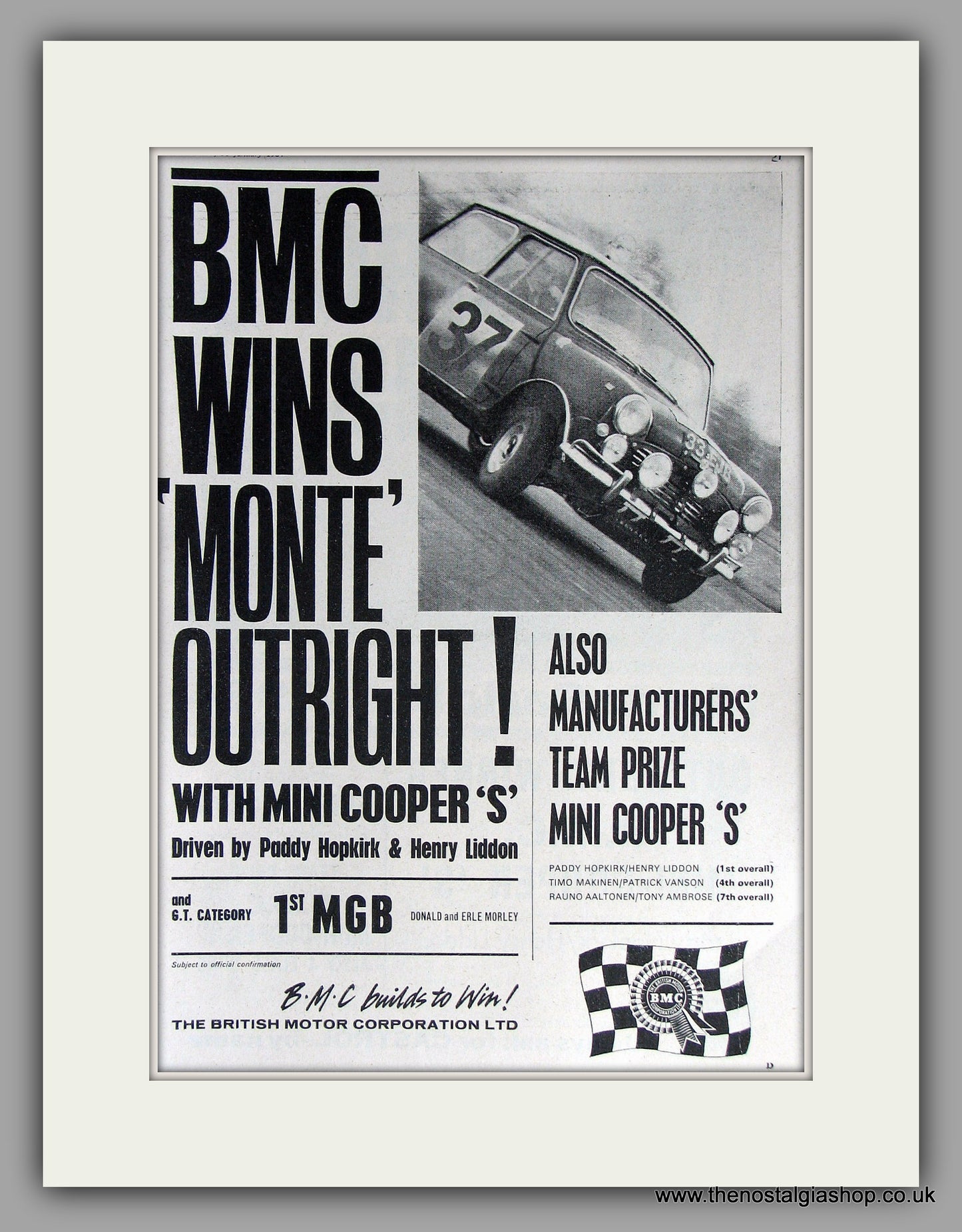 Mini Cooper Wins Monte Carlo Rally. 1964 Original Vintage Advert (ref AD7785)