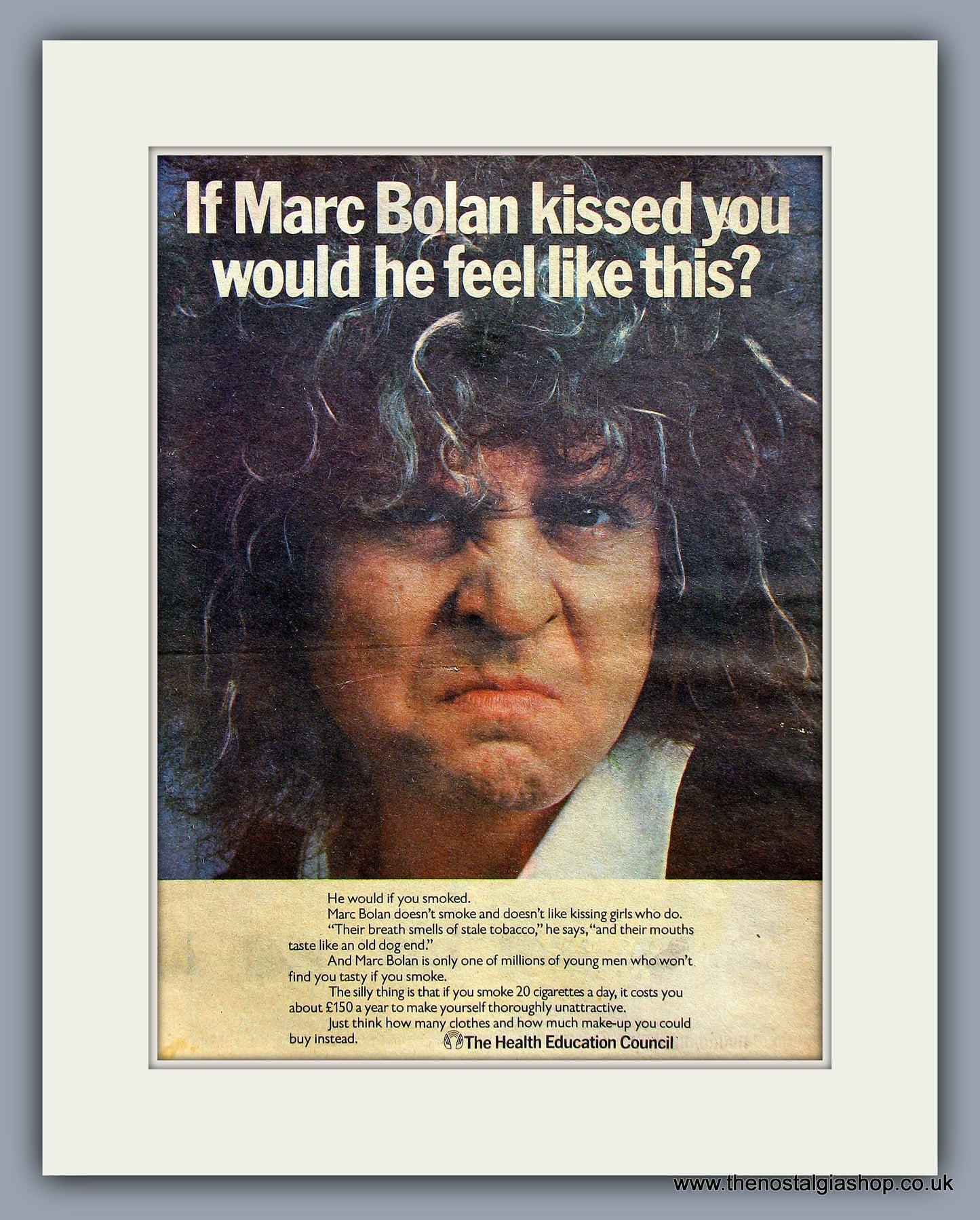 Marc Bolan, Anti Smoking Advert. Original Vintage Advert 1976 (ref AD10286)