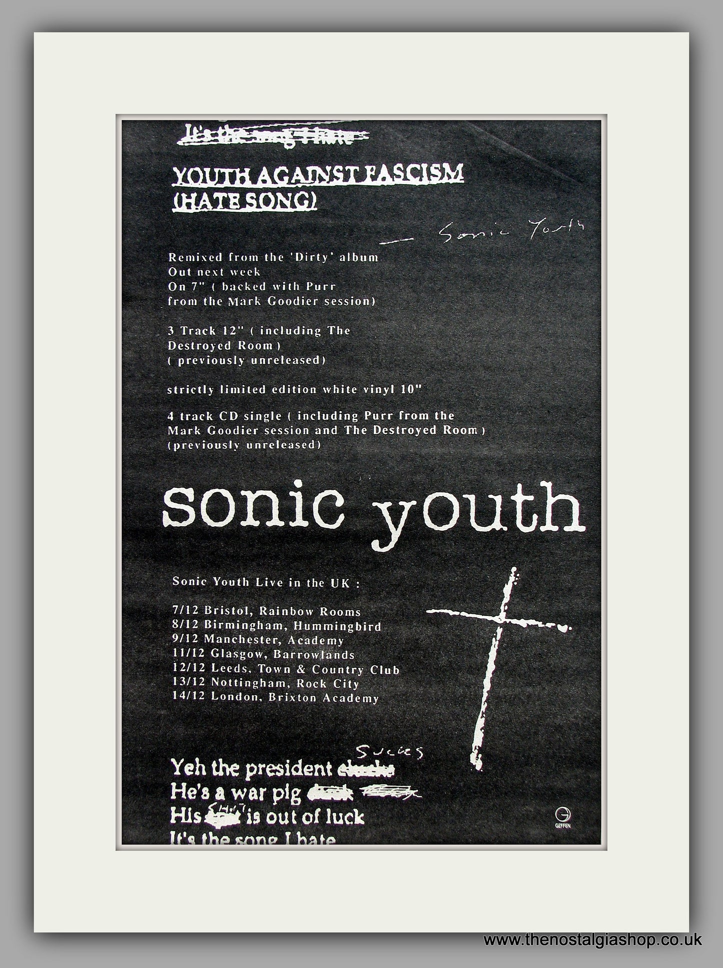 Sonic Youth. Youth Against Fascism. Original Vintage Advert 1992 (ref AD10320)