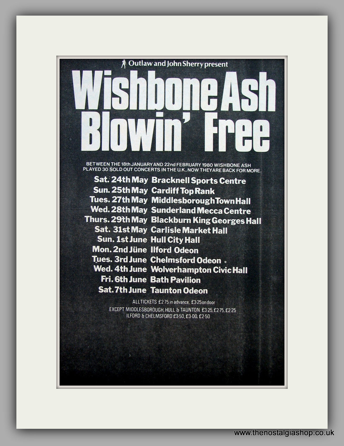 Wishbone Ash. Blowin' Free UK Tour Dates.  Original Vintage Advert 1980 (ref AD10396)