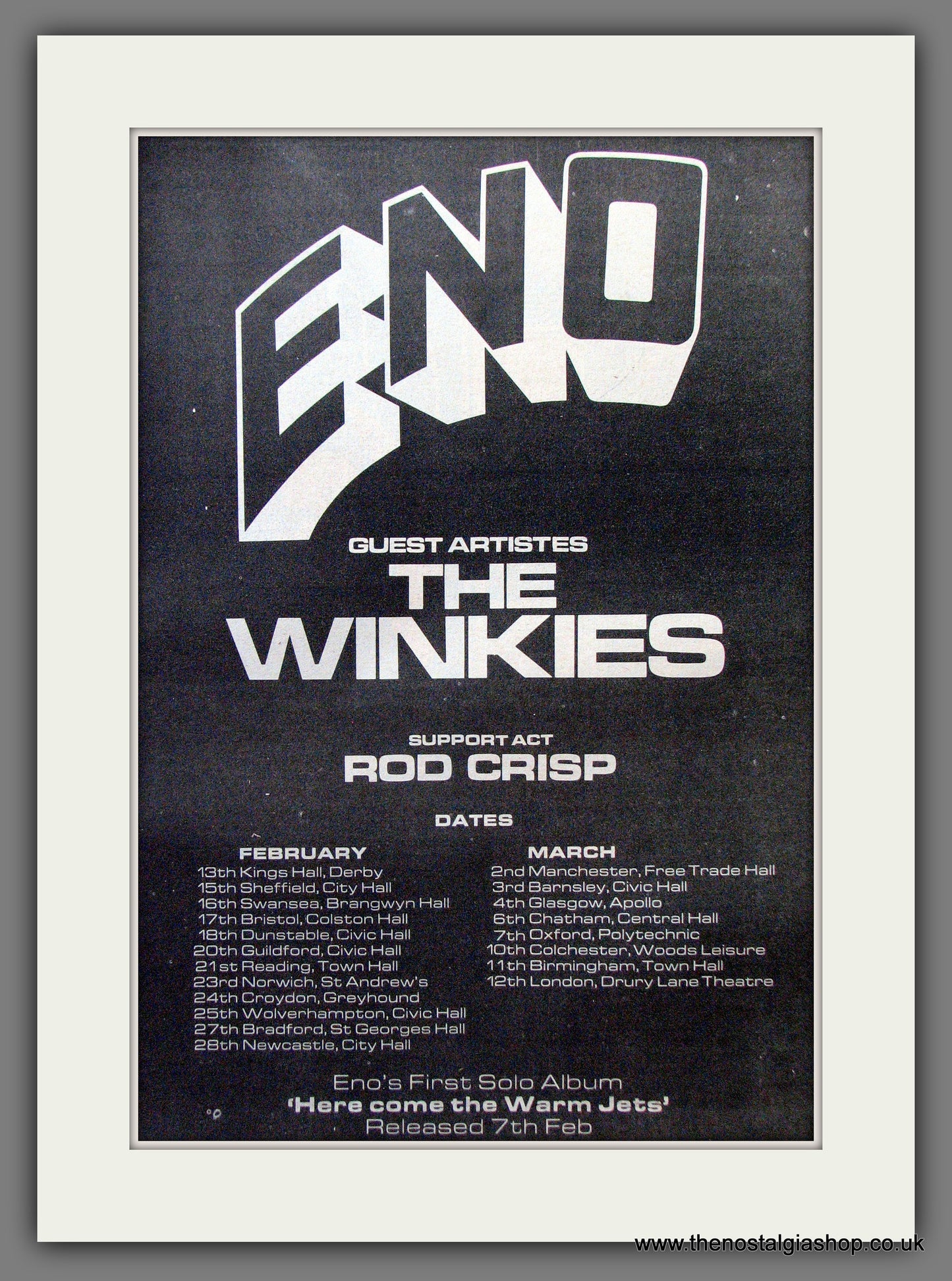 Eno And The Winkies Tour Dates. Original Advert 1974 (ref AD12896)